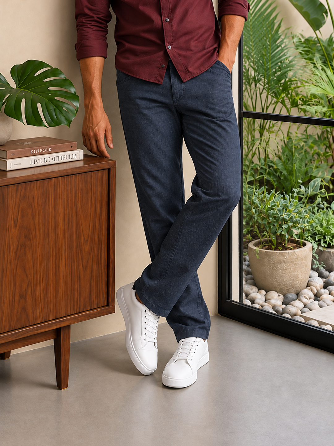 Ocean Navy Solid Casual Trousers