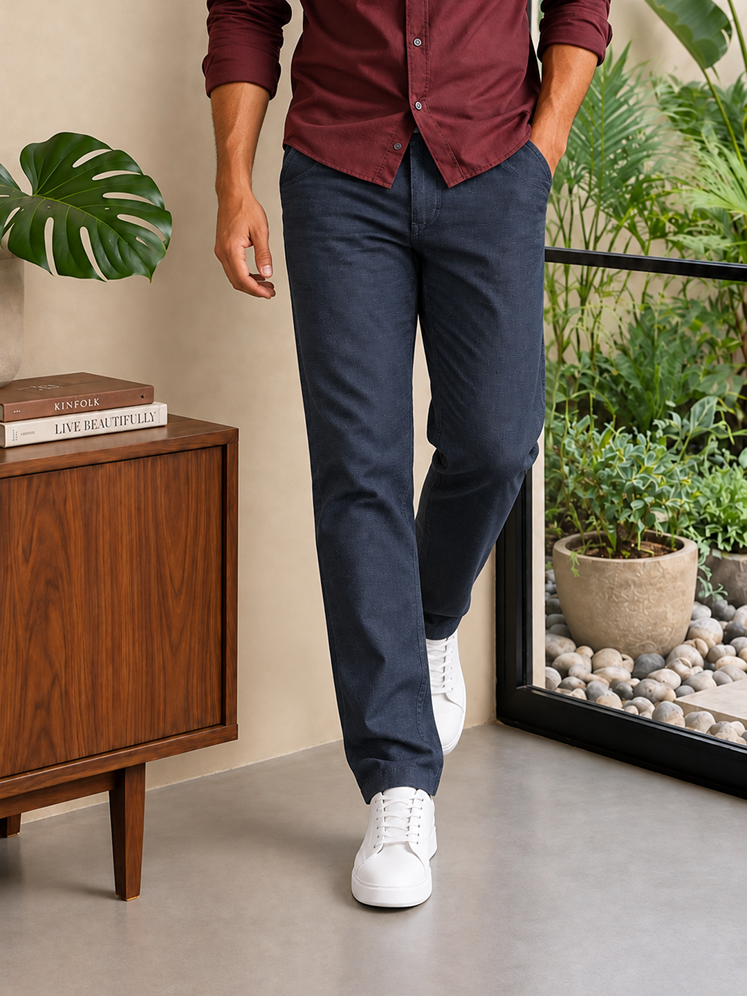 Ocean Navy Solid Casual Trousers