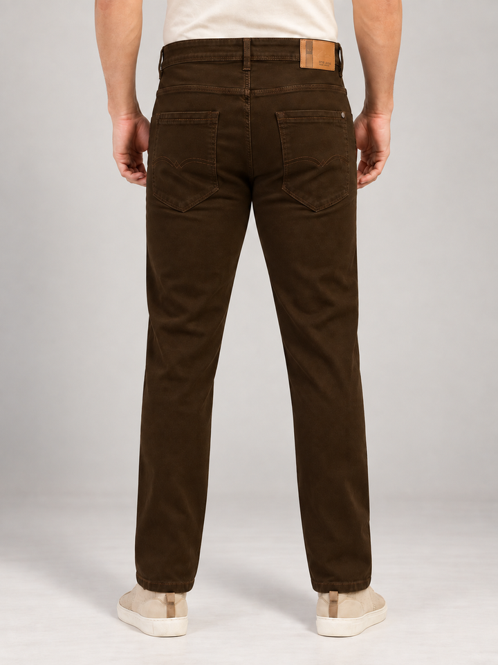 Brown Denim Solid Casual Trousers