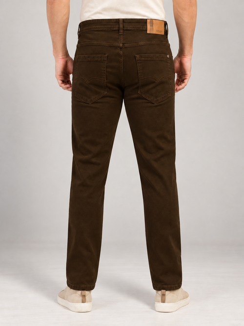 Brown Denim Solid Casual Trousers