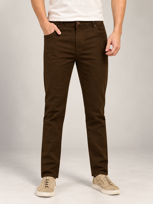 Brown Denim Solid Casual Trousers