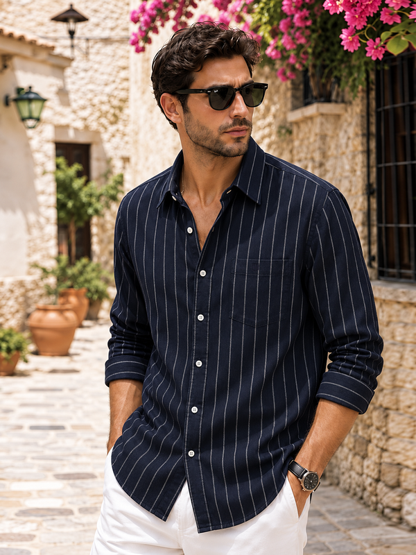 Deep Navy Blue Vertical Stripes Casual Shirt