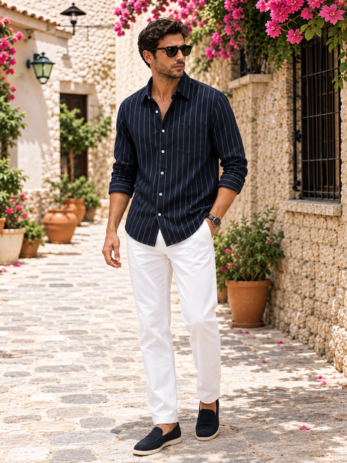 Deep Navy Blue Vertical Stripes Casual Shirt
