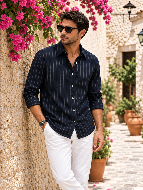 Deep Navy Blue Vertical Stripes Casual Shirt