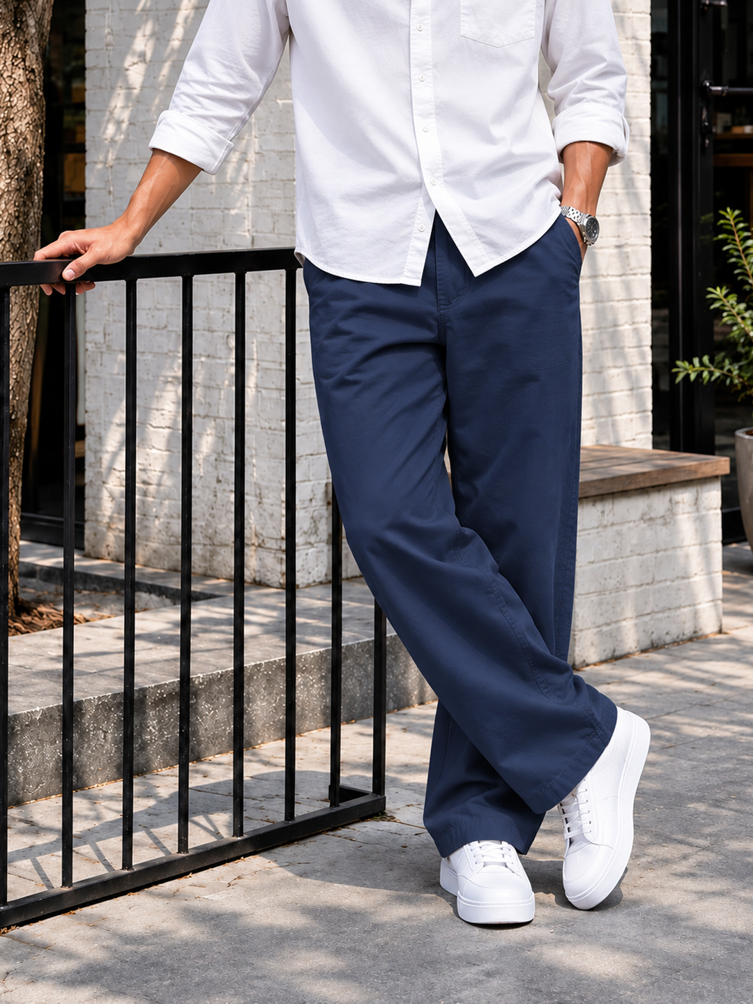 Dark Sapphire Navy Solid Casual Trousers