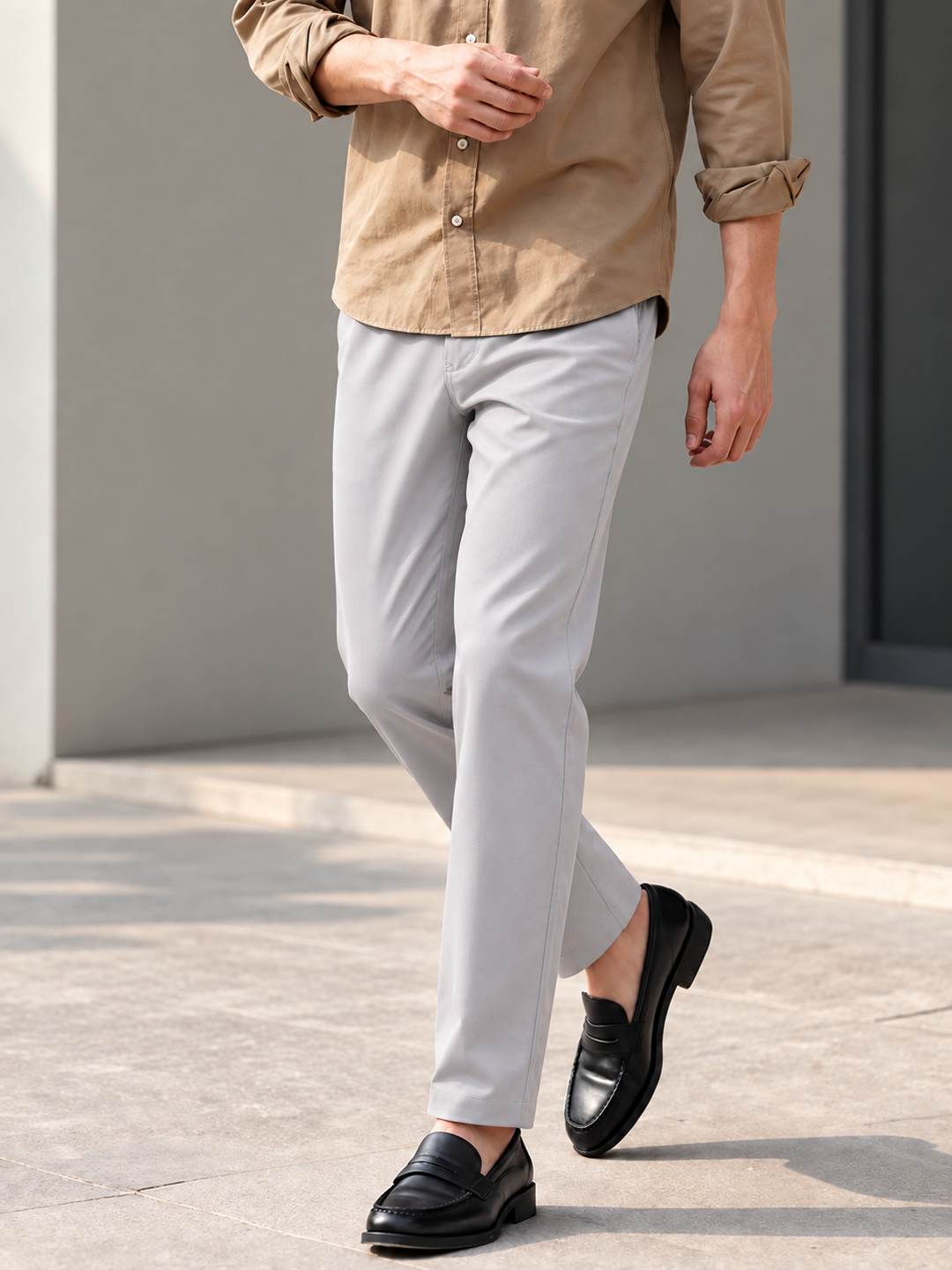 Light Steel Grey Solid Casual Trousers