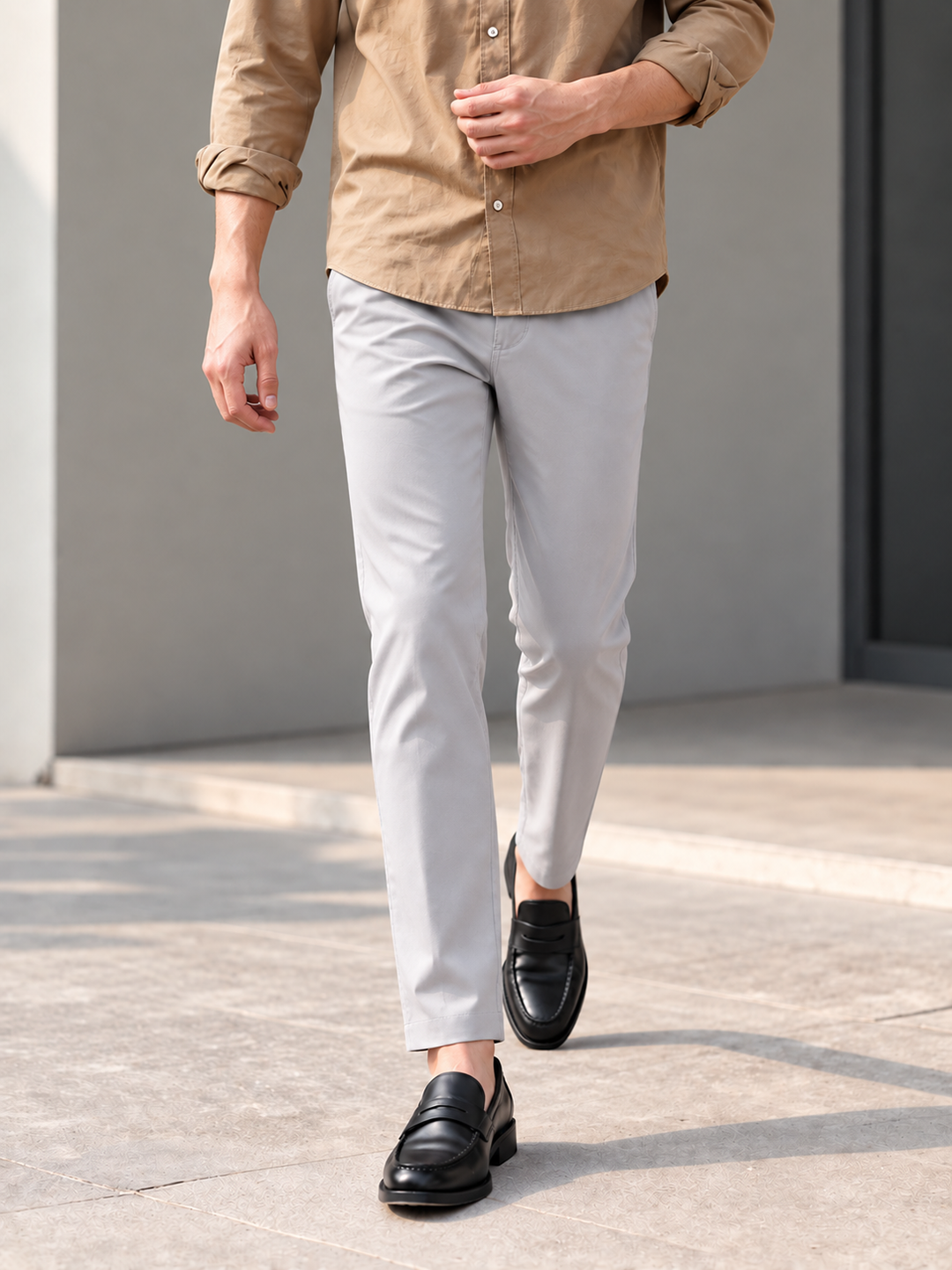 Light Steel Grey Solid Casual Trousers