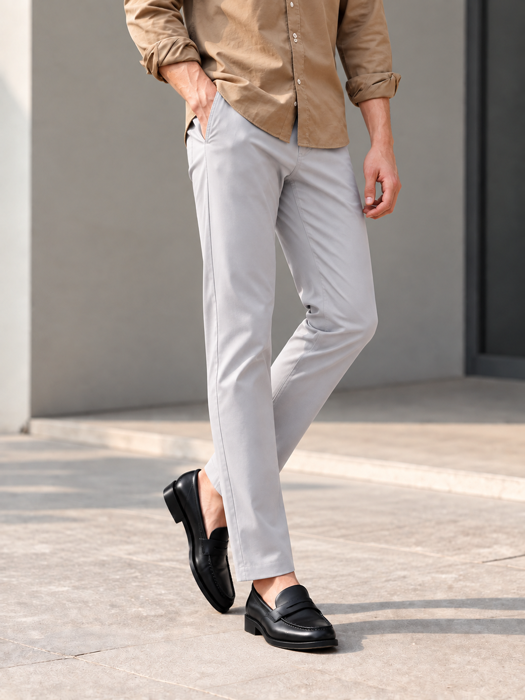 Light Steel Grey Solid Casual Trousers