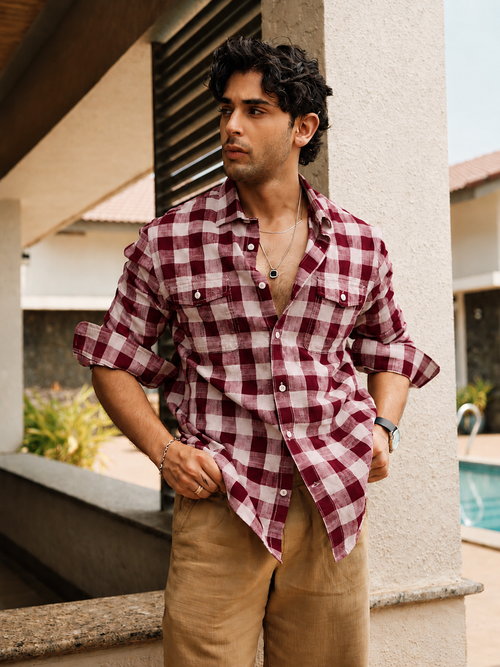 Classic Red Checked Casual Shirt With Dual Pockets