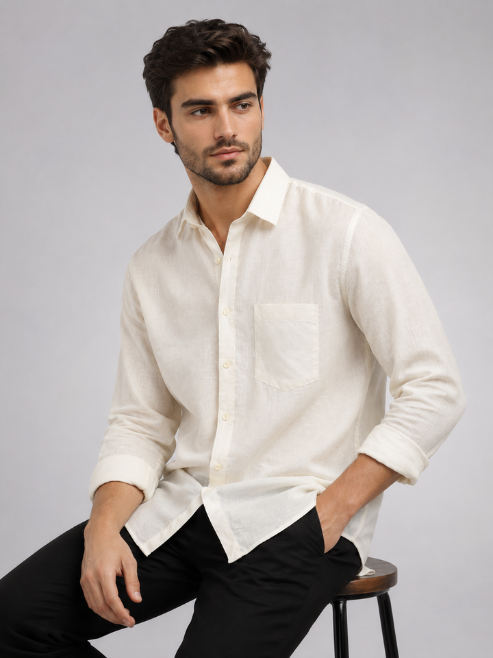 Ivory White Linen Blend Solid Casual Shirt
