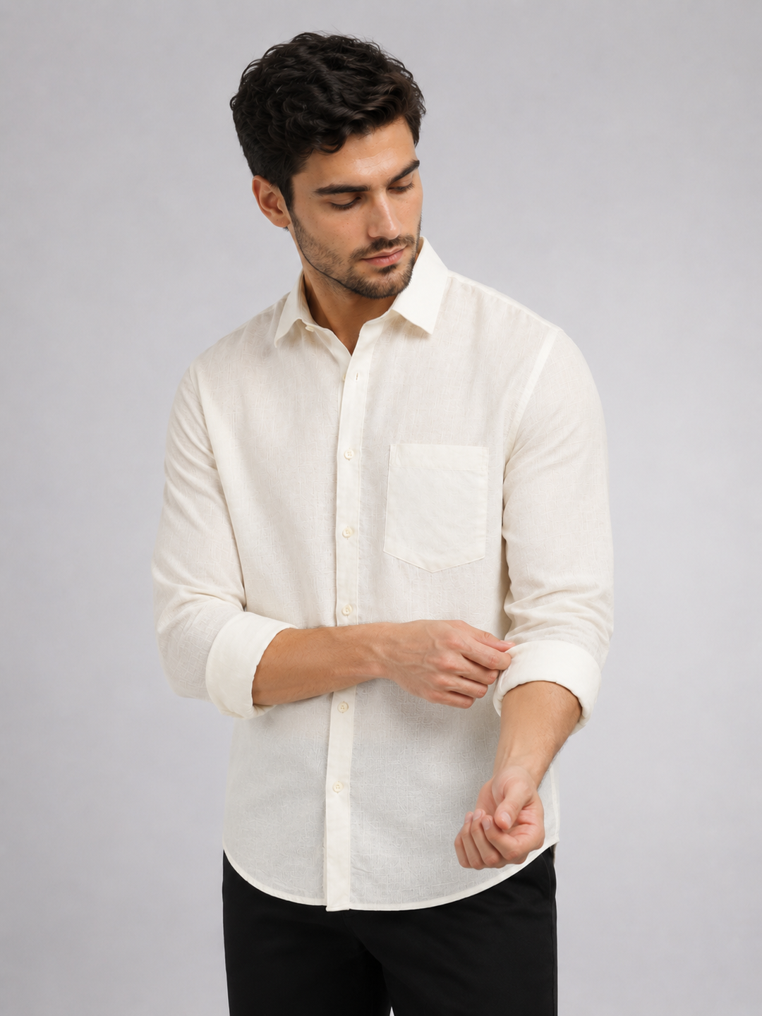 Ivory White Linen Blend Solid Casual Shirt