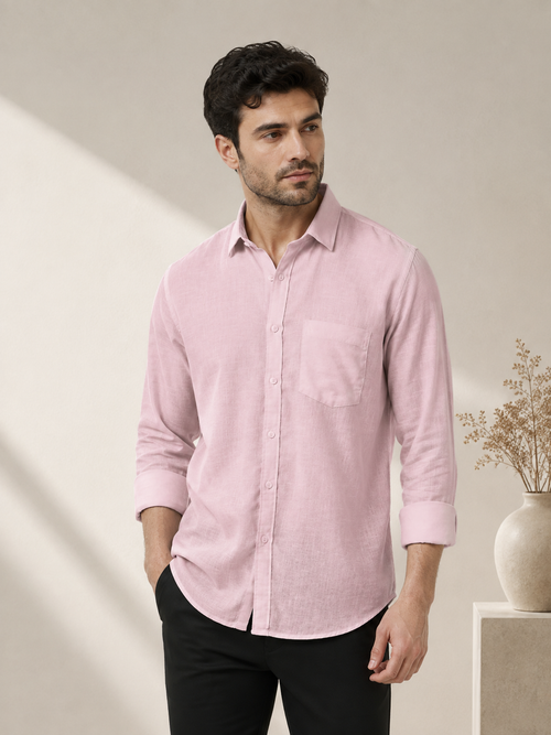 Muted Pink Linen Blend Solid Casual Shirt