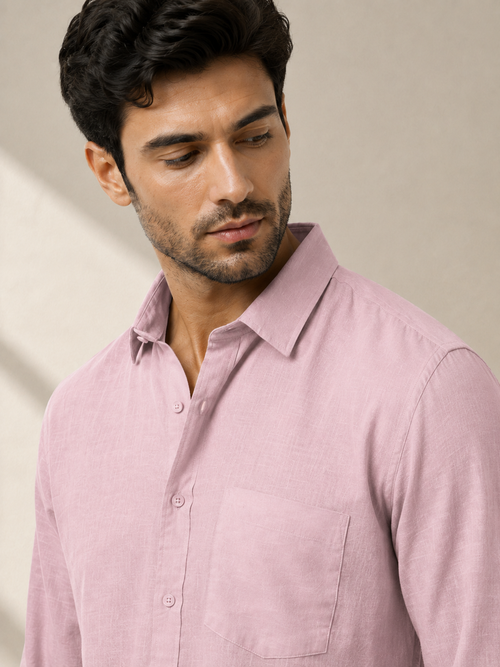 Muted Pink Linen Blend Solid Casual Shirt
