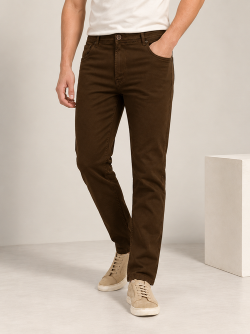 Brown Denim Solid Casual Trousers