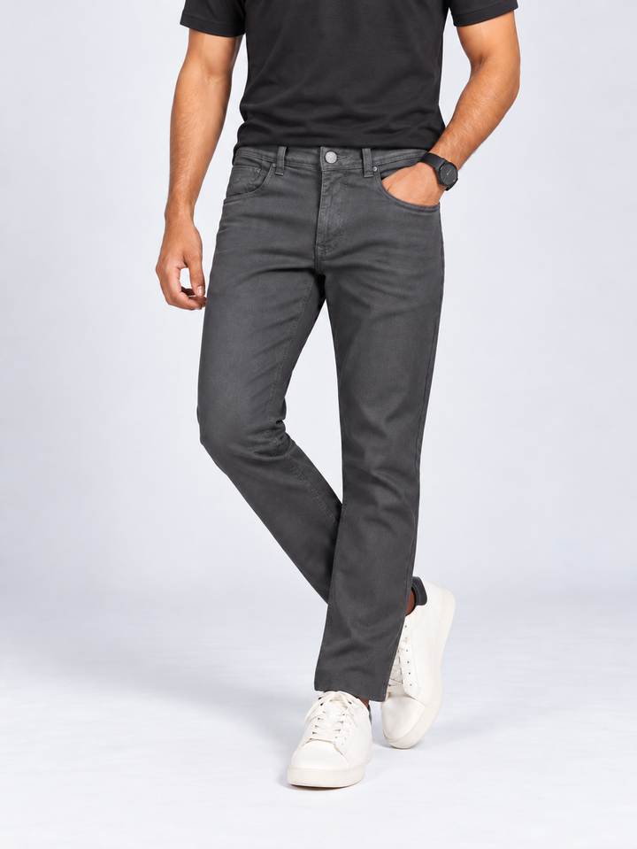 Dark Grey Denim Solid Casual Trousers