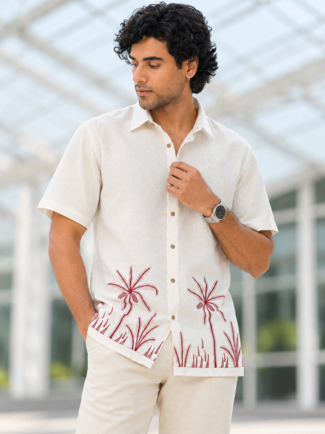 Light Beige and Maroon Palm Tree Printed Urban Casual Shirt