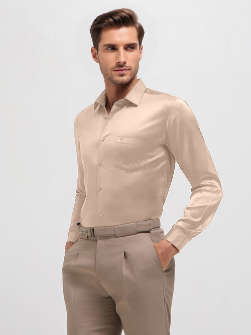 Cream Khaki Solid Satin Formal Shirt