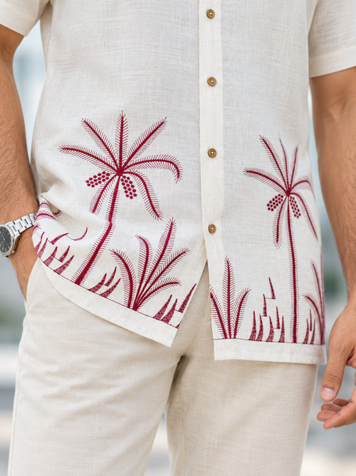 Light Beige and Maroon Palm Tree Printed Urban Casual Shirt