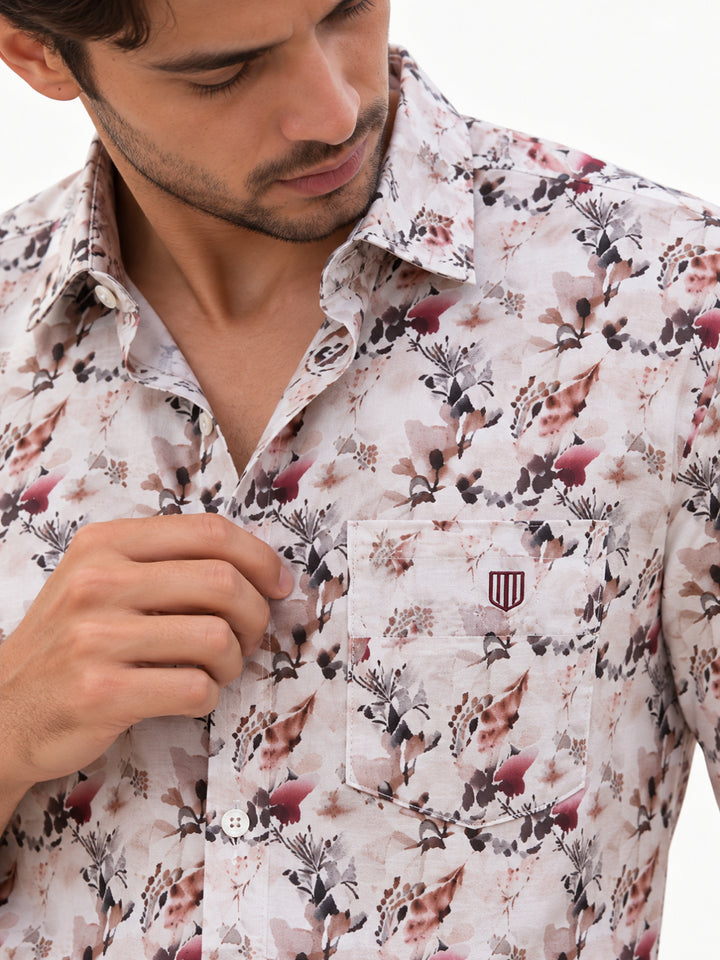 Petal Pink and Beige Artistic Floral Printed Casual Shirt