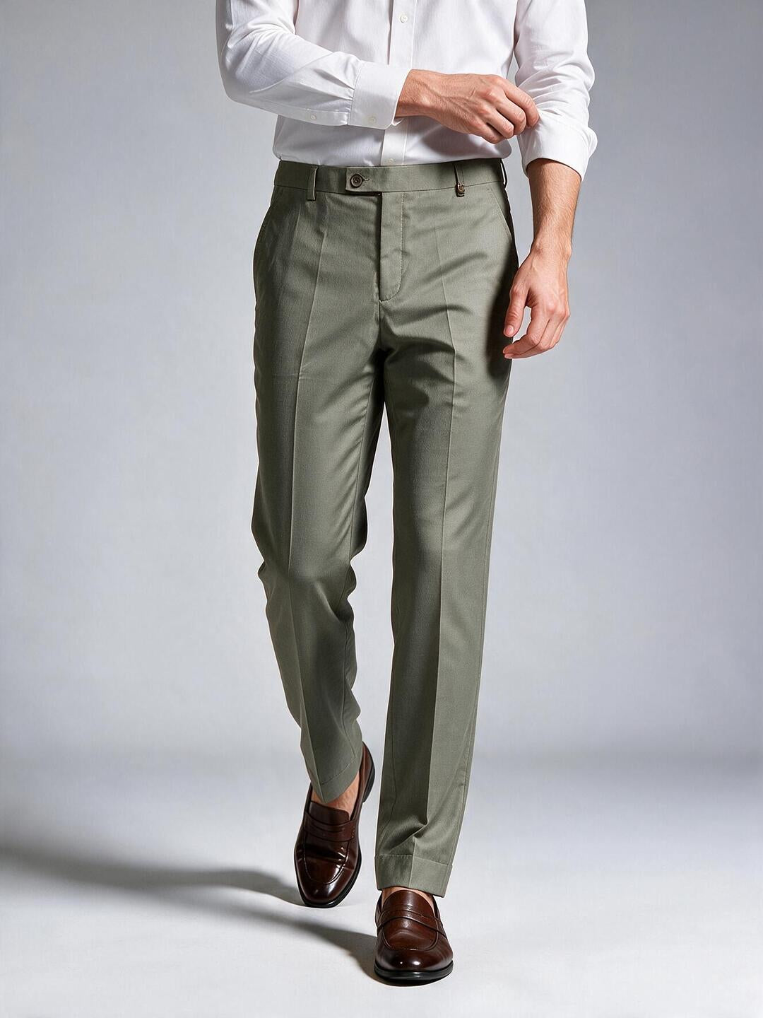 Moss Olive Solid Formal Trousers