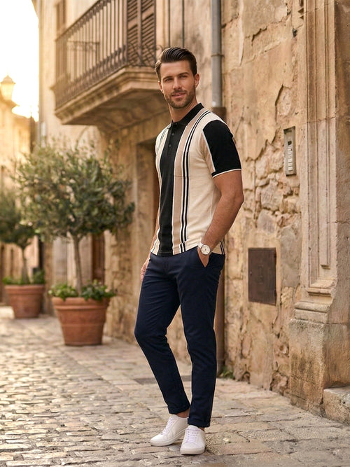 Black and Beige Vertical Stripes Polo T Shirt