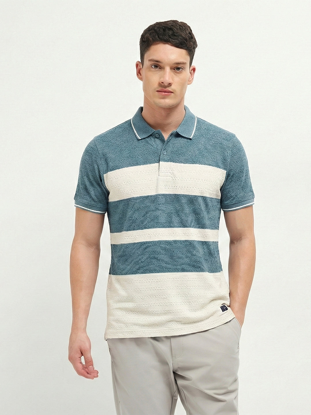 Teal Blue Textured Horizontal Stripes Polo T Shirt
