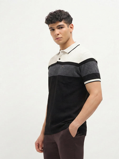 Black Panel Stripes Polo T Shirt