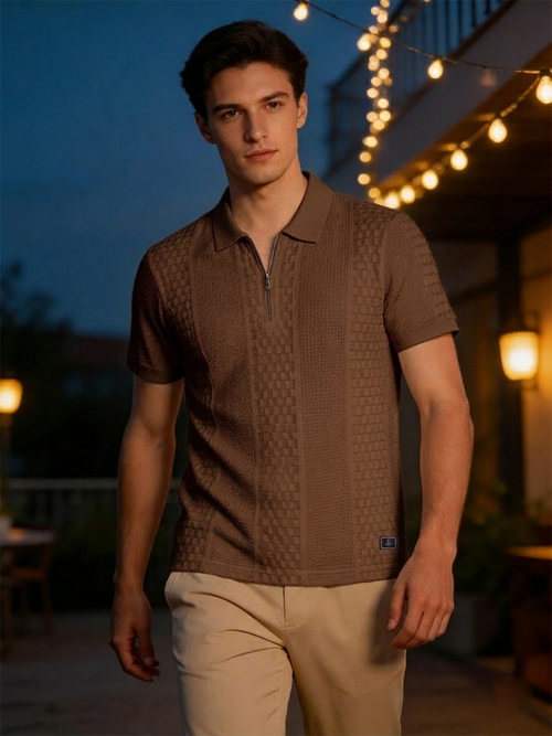 Coffee Brown Textured Knit Polo T Shirt