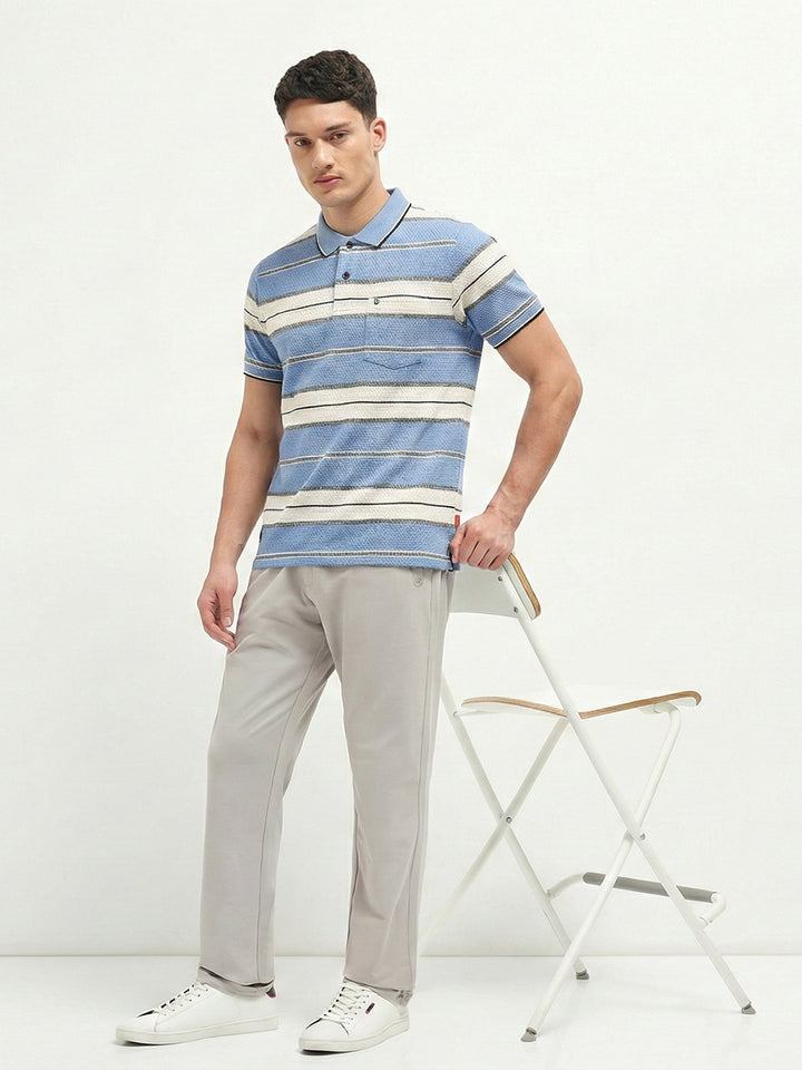 Sky Blue Horizontal Stripes Polo T Shirt