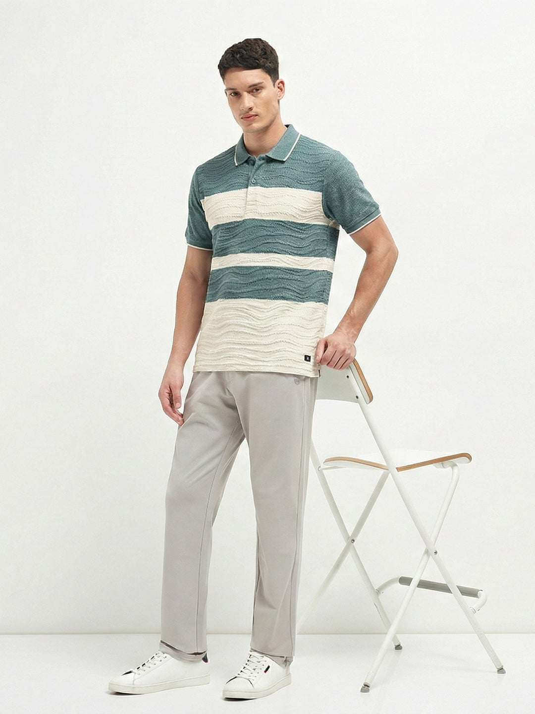 Teal Blue Textured Horizontal Stripes Polo T Shirt