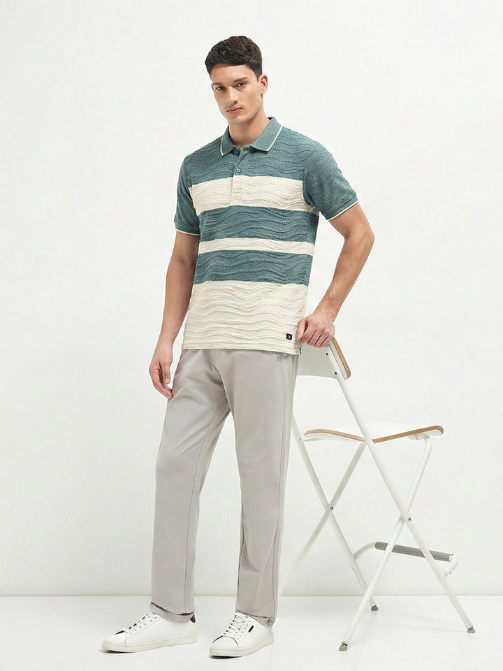 Teal Blue Textured Horizontal Stripes Polo T Shirt