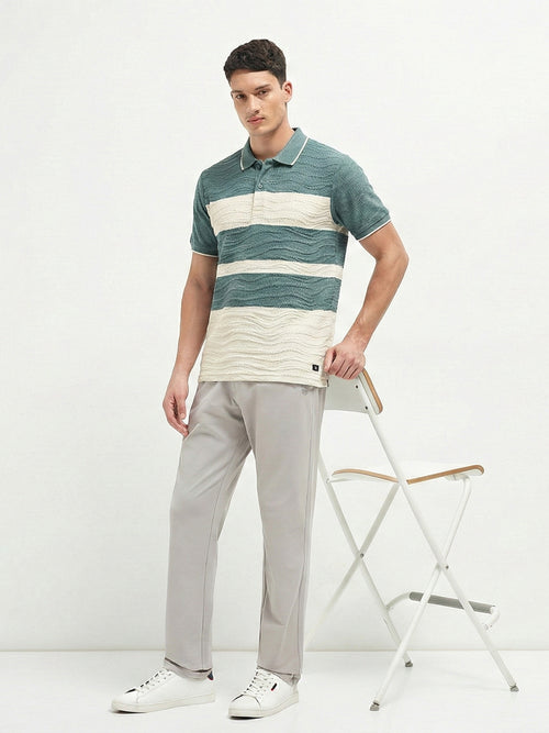Teal Blue Textured Horizontal Stripes Polo T Shirt