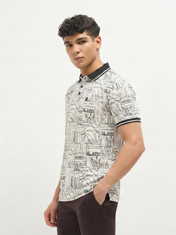 Charcoal Grey Sketch Printed Polo T Shirt