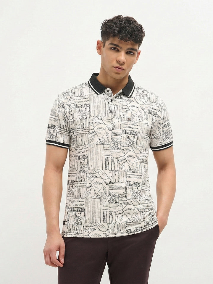 Charcoal Grey Sketch Printed Polo T Shirt