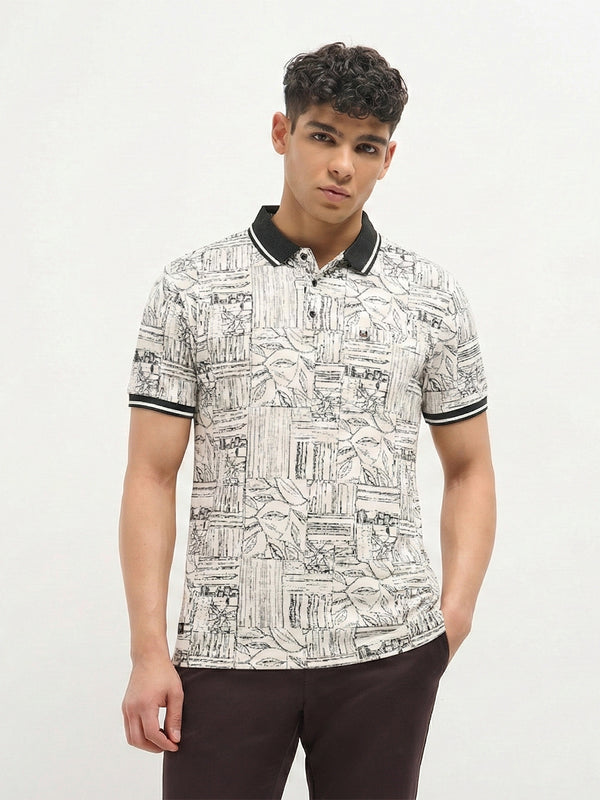 Charcoal Grey Sketch Printed Polo T Shirt