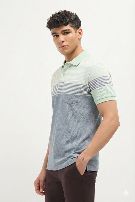 Mint Green Horizontal Stripes Polo T Shirt