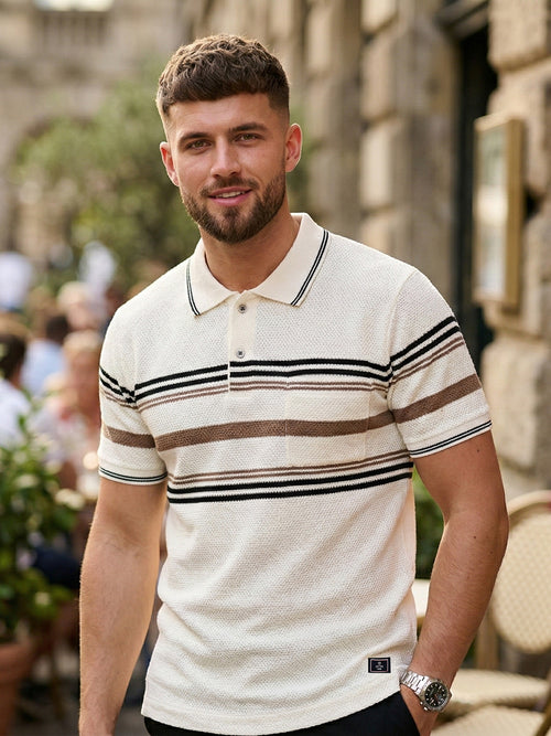 Cream Horizontal Stripes Polo T Shirt