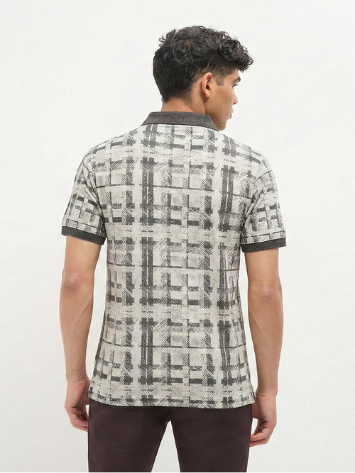 Grey Geometric Grid Printed Polo T Shirt