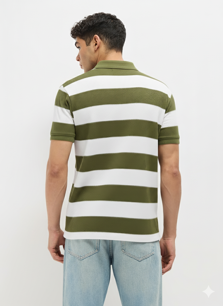 Olive Green Textured Stripes Polo T Shirt