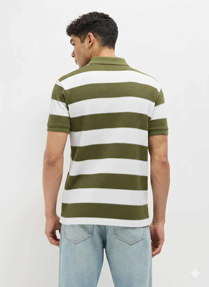 Olive Green Textured Stripes Polo T Shirt