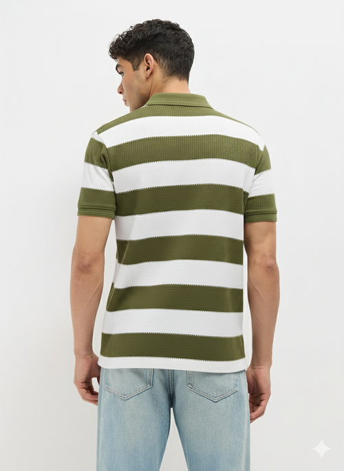 Olive Green Textured Stripes Polo T Shirt