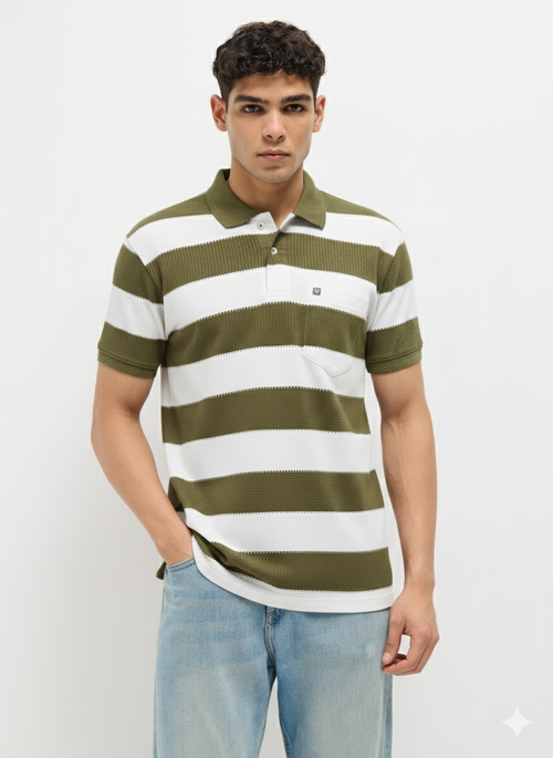 Olive Green Textured Stripes Polo T Shirt