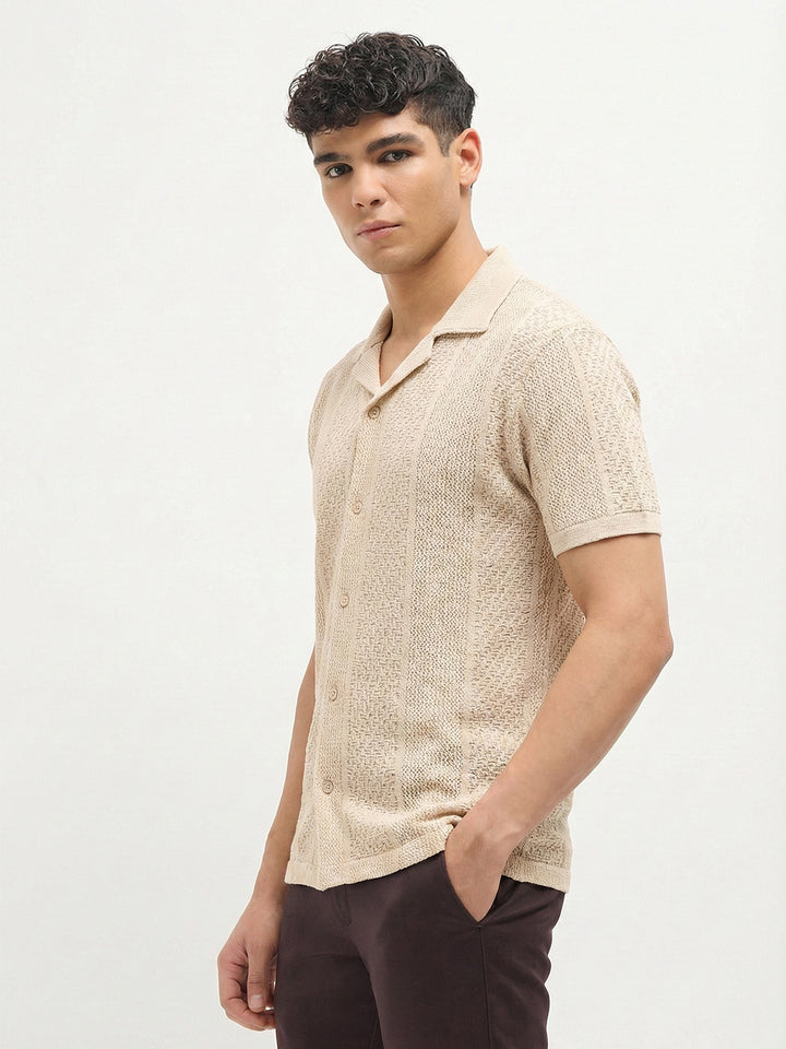 Beige Textured Knit Polo T Shirt