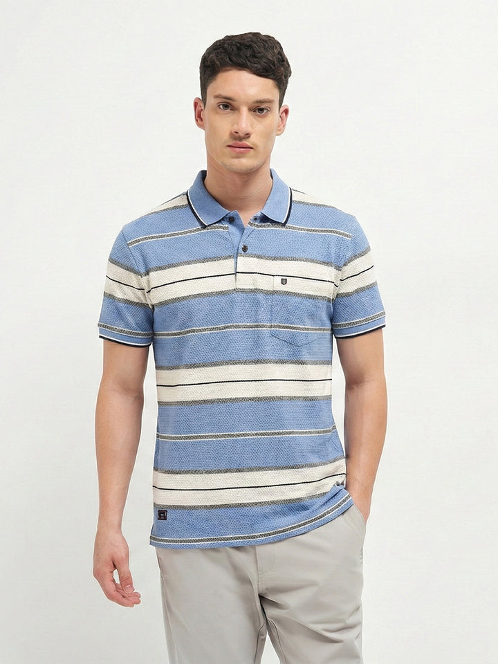 Sky Blue Horizontal Stripes Polo T Shirt