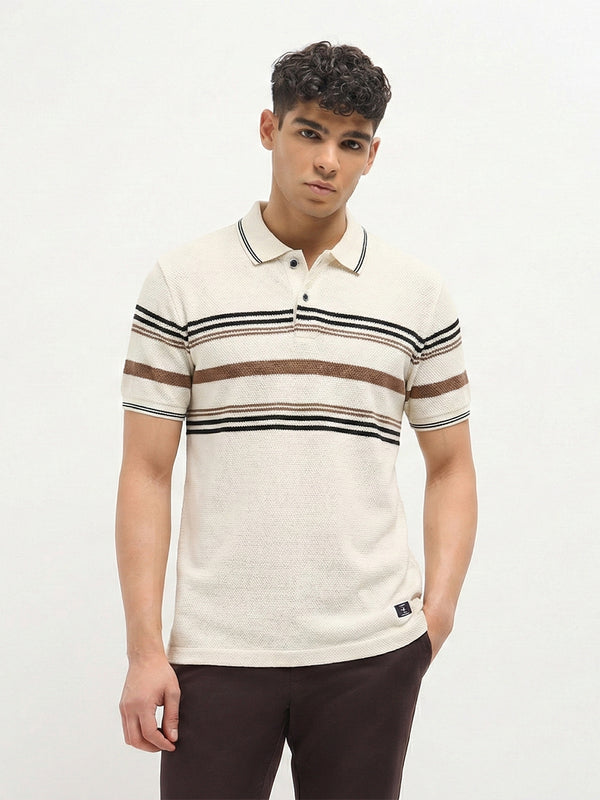 Cream Horizontal Stripes Polo T Shirt