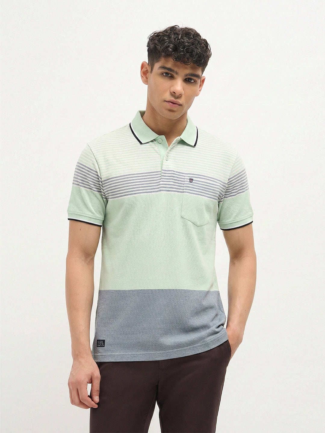 Mint Green Horizontal Stripes Polo T Shirt