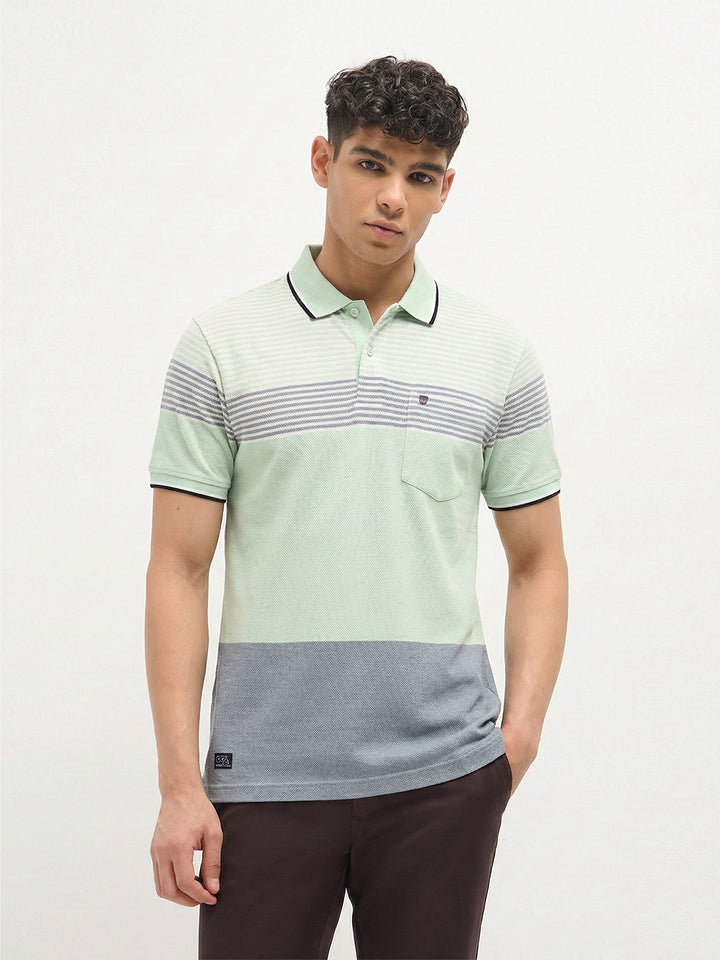 Mint Green Horizontal Stripes Polo T Shirt