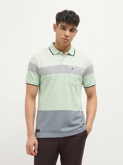 Mint Green Horizontal Stripes Polo T Shirt