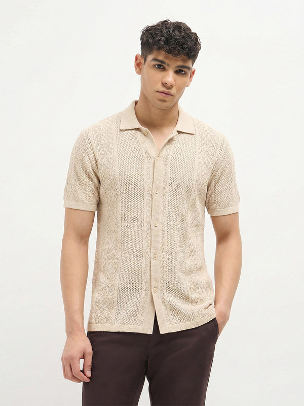 Beige Textured Knit Polo T Shirt