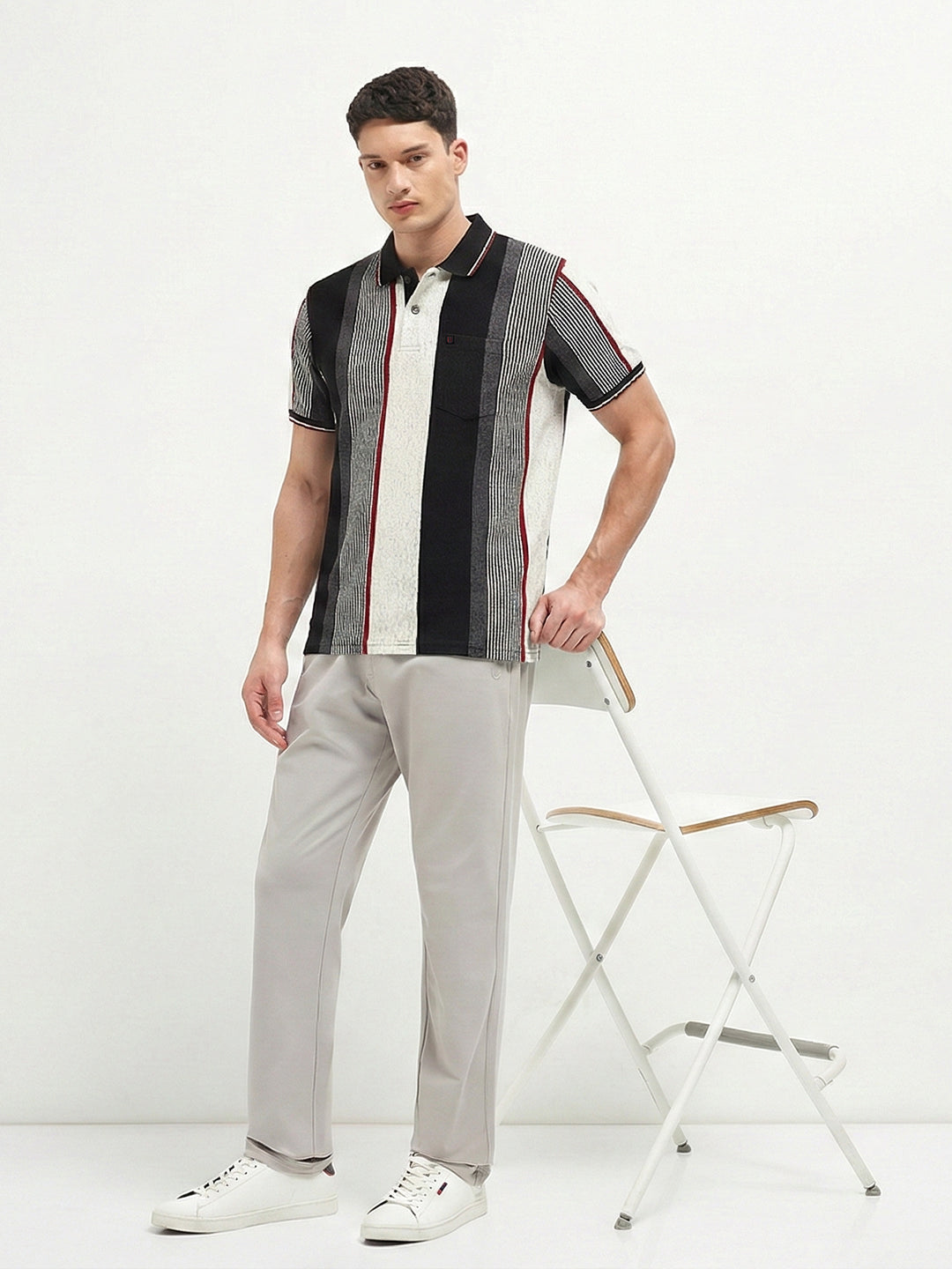 Black and Grey Vertical Stripes Polo T Shirt